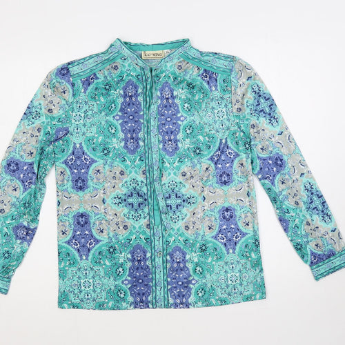 Kai Ming Womens Green Paisley Polyester Basic Button-Up Size 12 Mock Neck