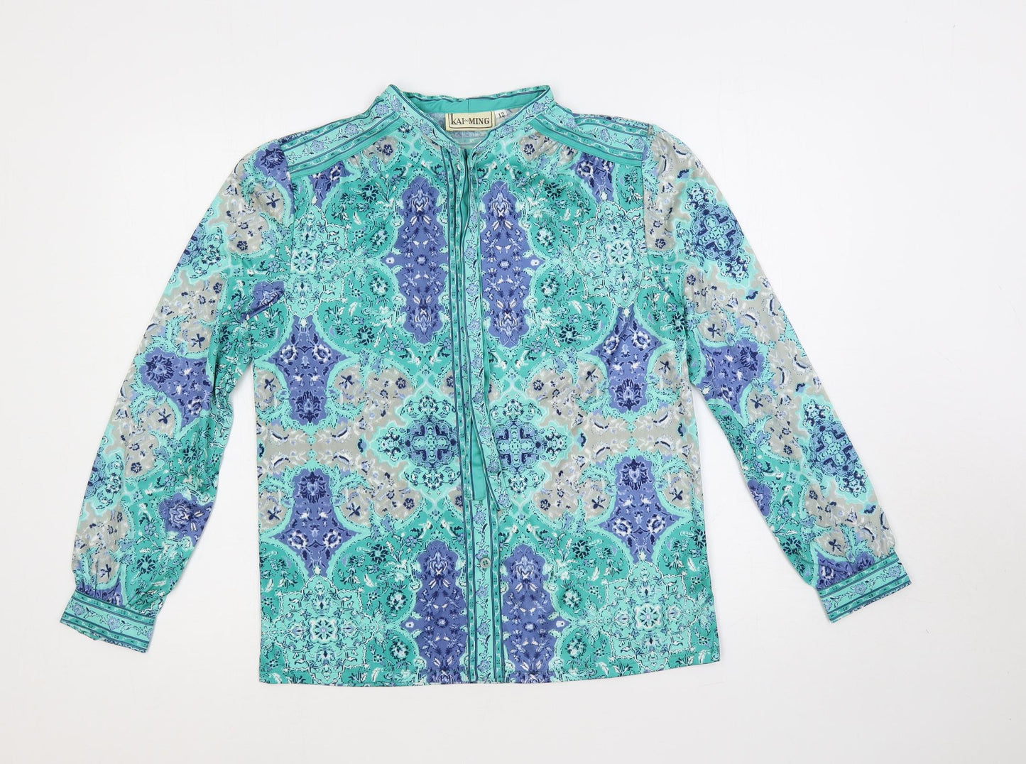 Kai Ming Womens Green Paisley Polyester Basic Button-Up Size 12 Mock Neck