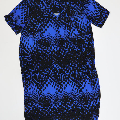 Roman Womens Blue Geometric Polyester T-Shirt Dress Size 18 V-Neck Pullover - Pockets