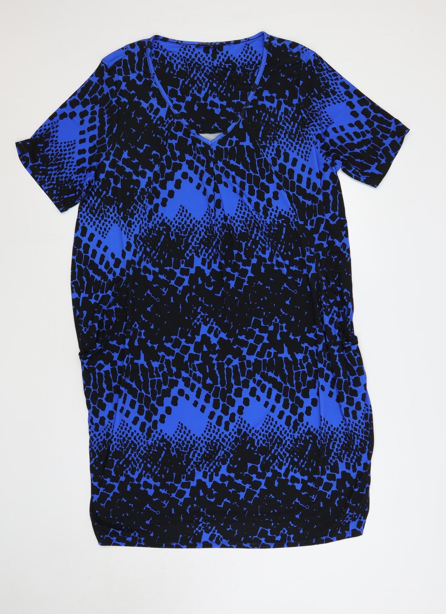 Roman Womens Blue Geometric Polyester T-Shirt Dress Size 18 V-Neck Pullover - Pockets