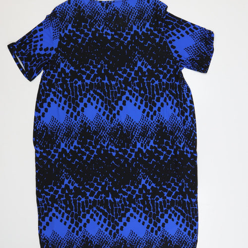 Roman Womens Blue Geometric Polyester T-Shirt Dress Size 18 V-Neck Pullover - Pockets