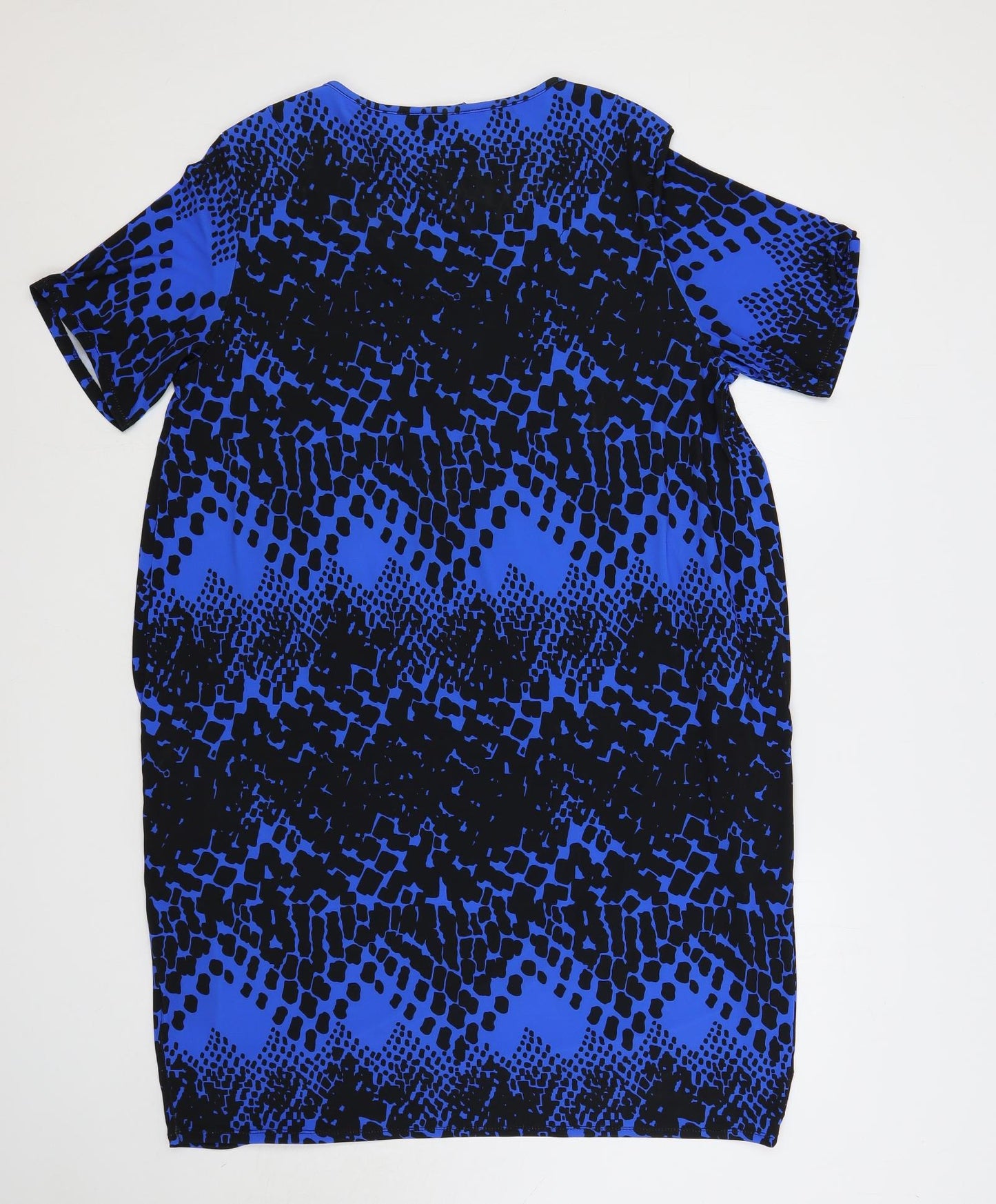 Roman Womens Blue Geometric Polyester T-Shirt Dress Size 18 V-Neck Pullover - Pockets