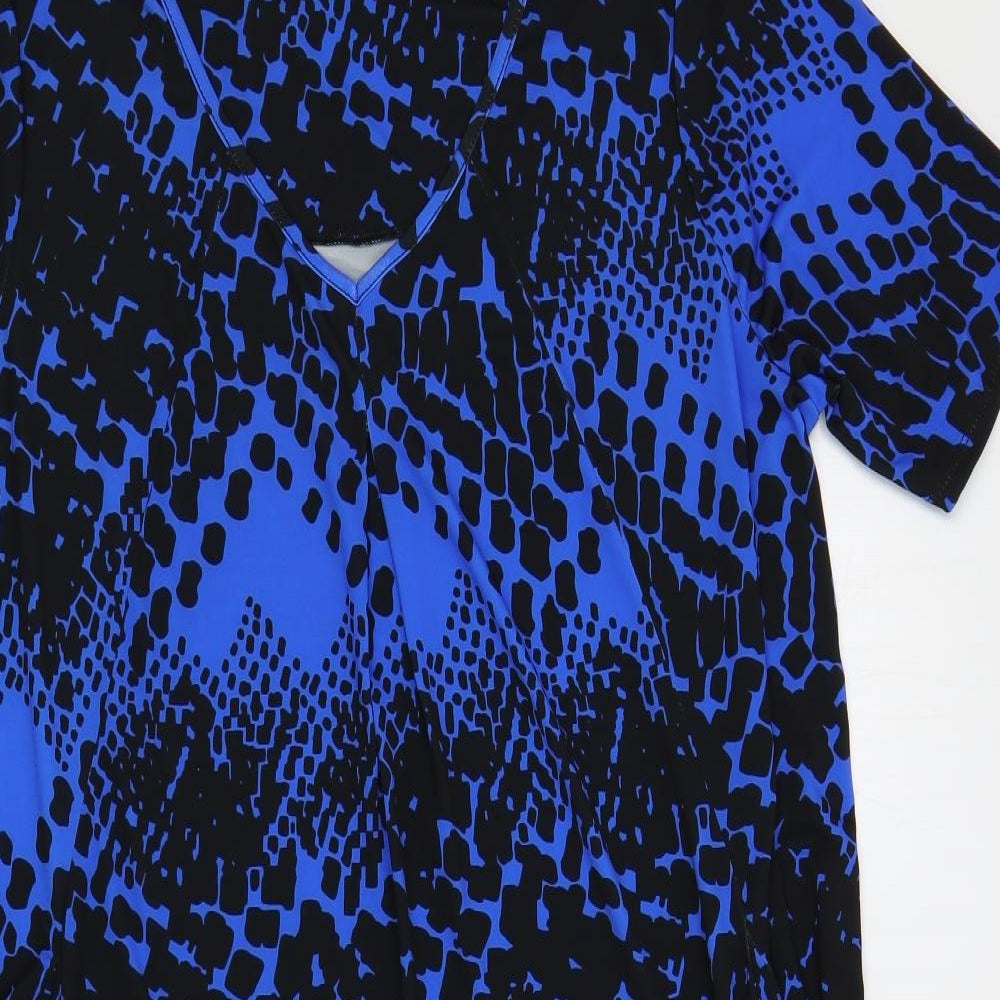 Roman Womens Blue Geometric Polyester T-Shirt Dress Size 18 V-Neck Pullover - Pockets