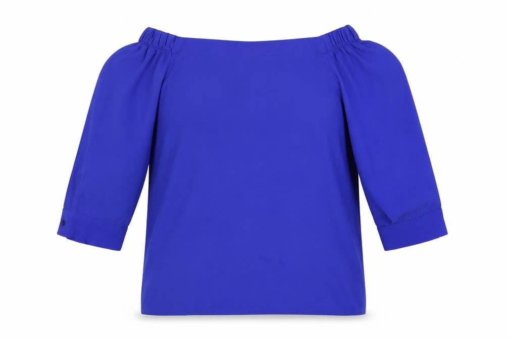 Front view of Dorothy Perkins women’s blue polyester basic blouse, size UK 10, off the shoulder