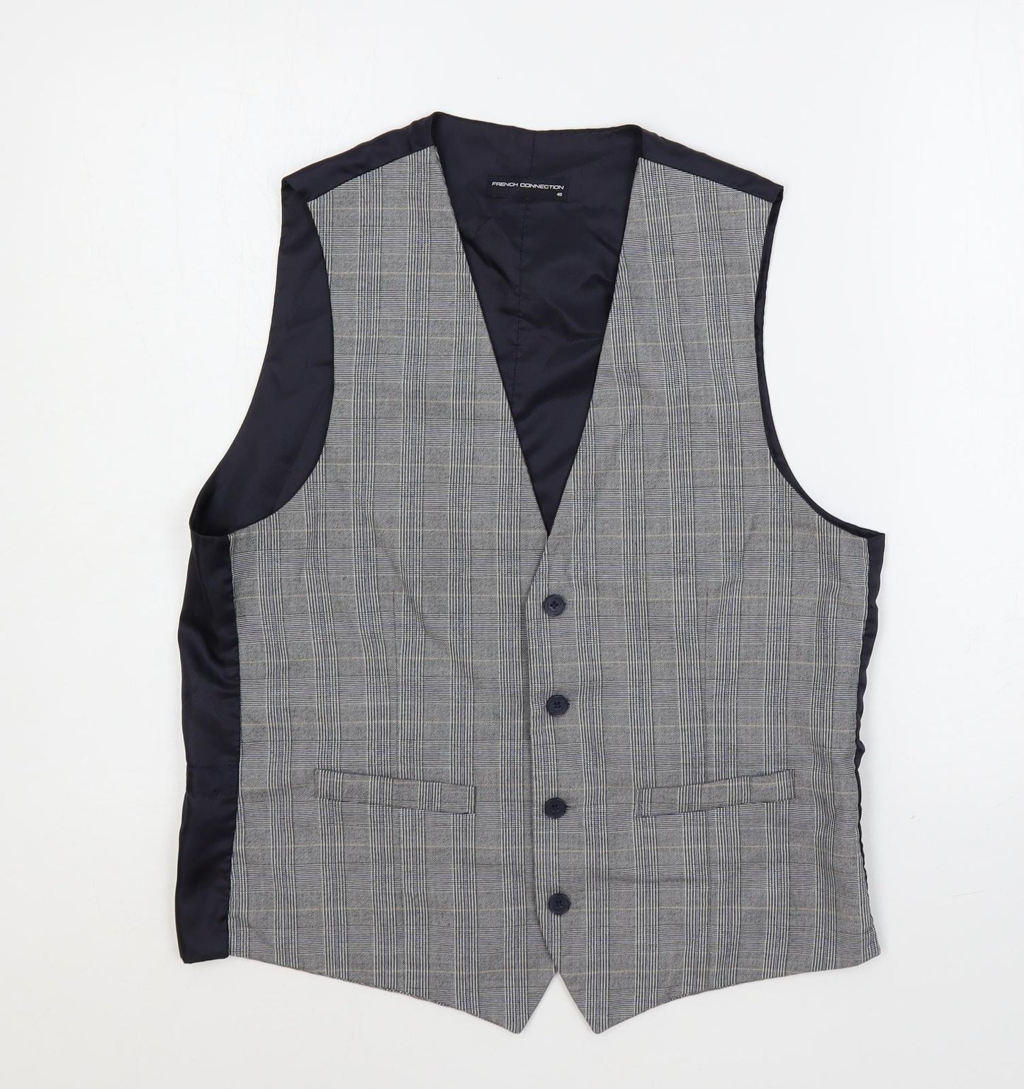 French Connection Mens Blue Plaid Polyester Jacket Suit Waistcoat Size 40 Regular