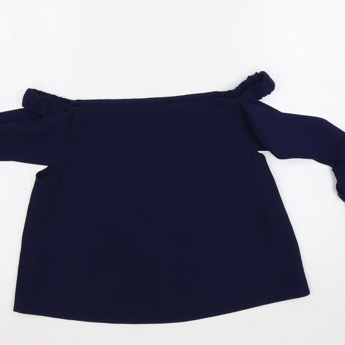 Topshop Womens Blue Polyester Cropped Blouse Size 8 Off the Shoulder - Tie Sleeve Detail