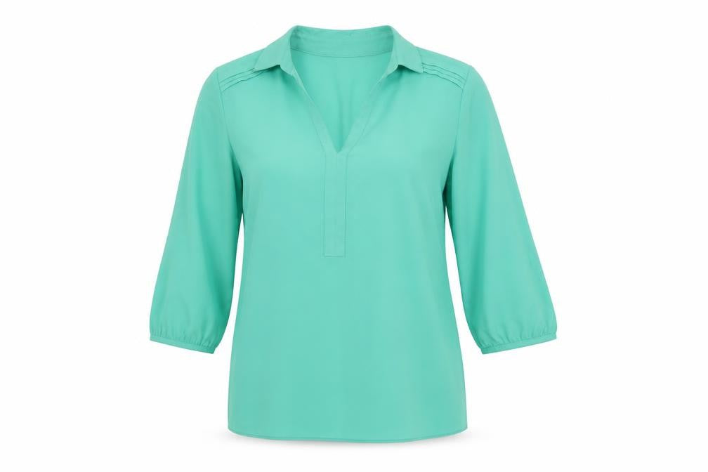 Front view of Marks & Spencer women’s green polyester basic blouse, size UK 8, collared