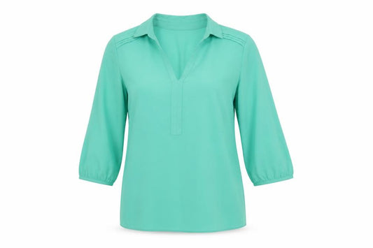 Front view of Marks & Spencer women’s green polyester basic blouse, size UK 8, collared