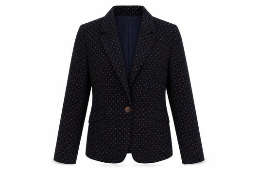 Front view of Next women’s blue geometric jacket blazer, size UK 10, button