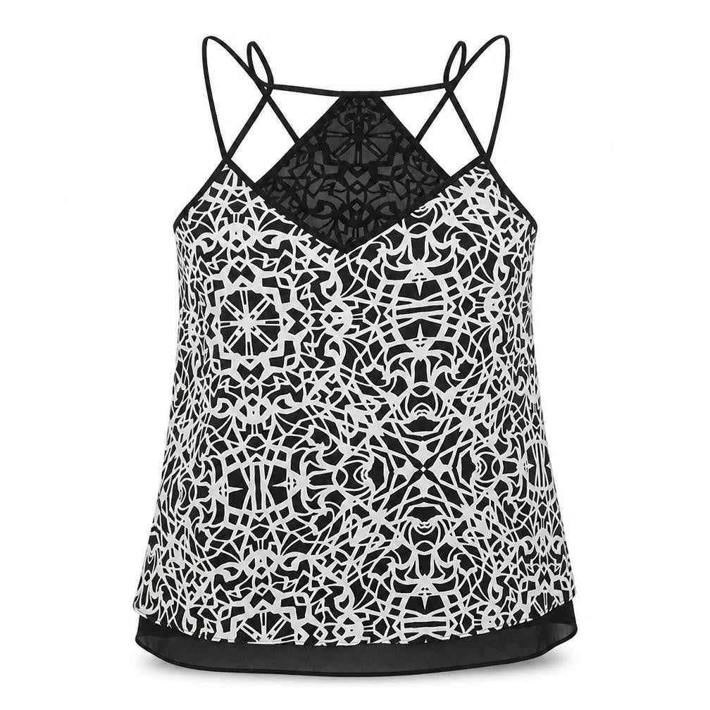 Front view of River Island women’s black geometric polyester camisole tank, size UK 8, v-neck