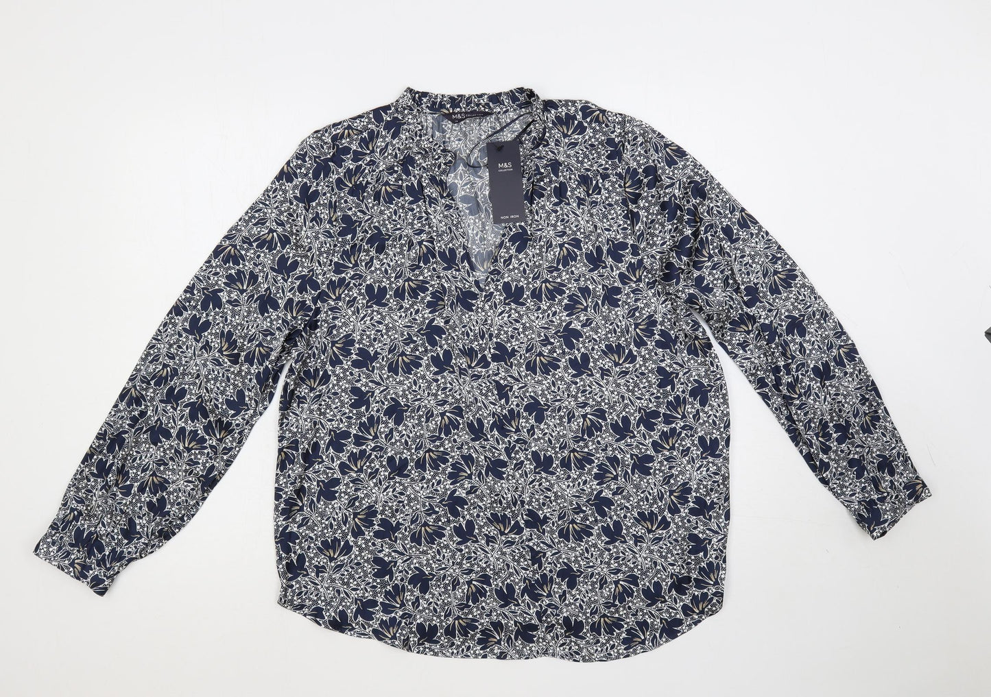 Marks and Spencer Womens Blue Floral Polyester Basic Blouse Size 16 V-Neck