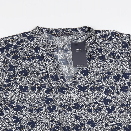 Marks and Spencer Womens Blue Floral Polyester Basic Blouse Size 16 V-Neck