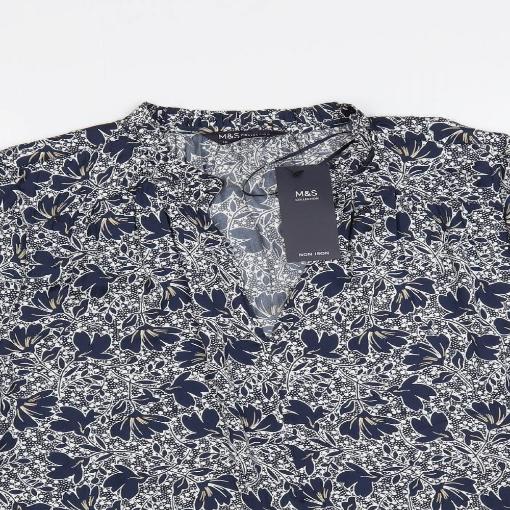 Marks and Spencer Womens Blue Floral Polyester Basic Blouse Size 16 V-Neck