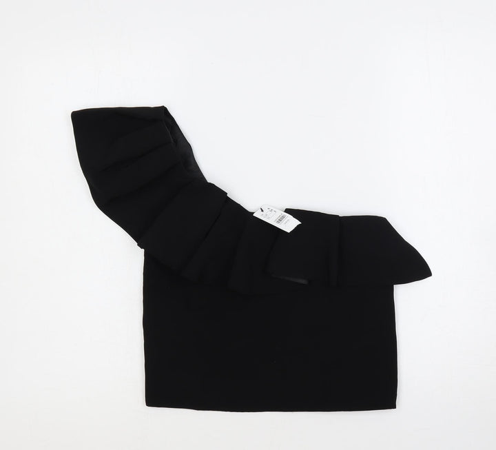 Topshop Womens Black Polyester Cropped Blouse Size 6 One Shoulder - Ruffle