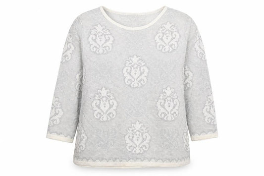 Front view of Warehouse women’s grey round neck geometric acrylic jumper, size UK 14