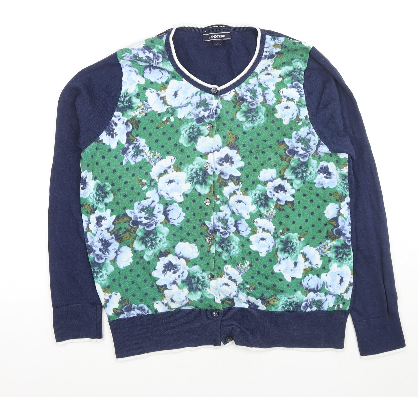 Lands' End Womens Blue Round Neck Polka Dot Cotton Cardigan Jumper Size 14 - Size 14-16, Flowers