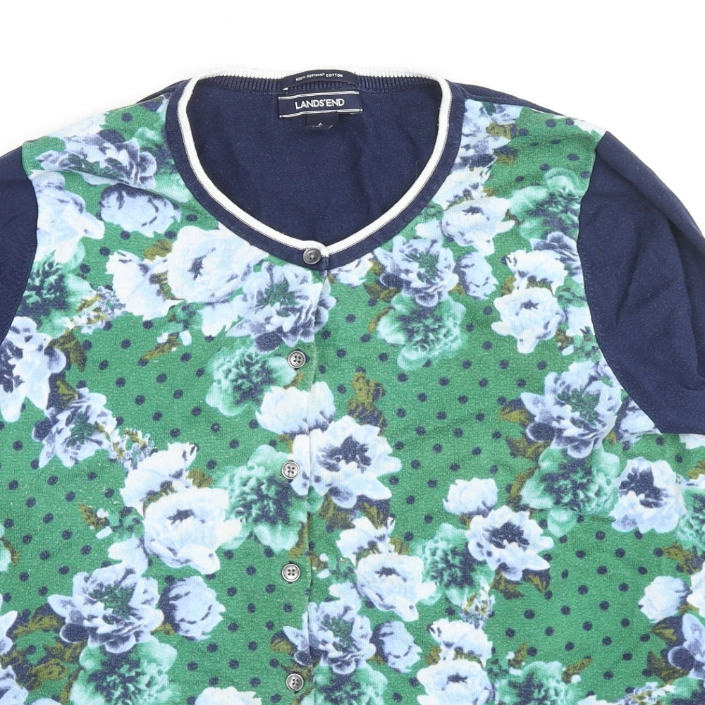 Lands' End Womens Blue Round Neck Polka Dot Cotton Cardigan Jumper Size 14 - Size 14-16, Flowers