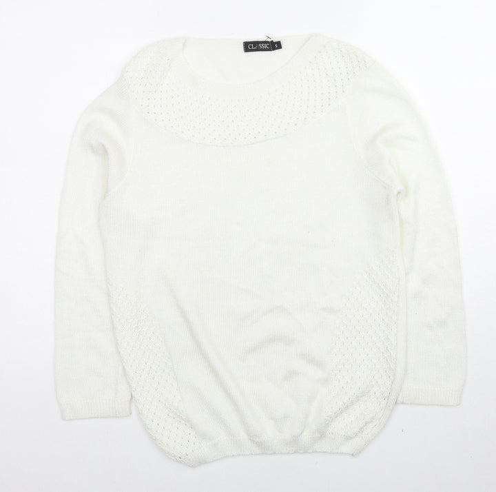 Classics Womens White Round Neck Acrylic Pullover Jumper Size S