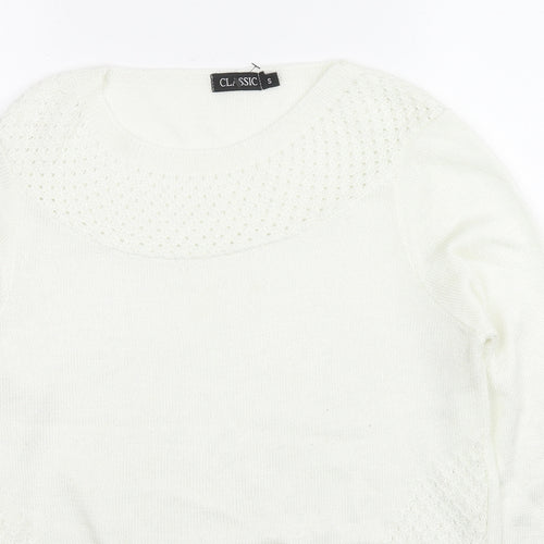Classics Womens White Round Neck Acrylic Pullover Jumper Size S