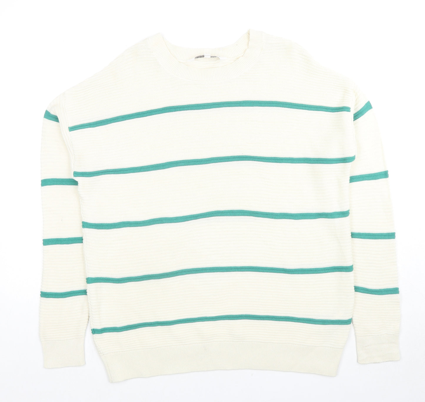Amara Reya Womens White Round Neck Striped Cotton Pullover Jumper Size M