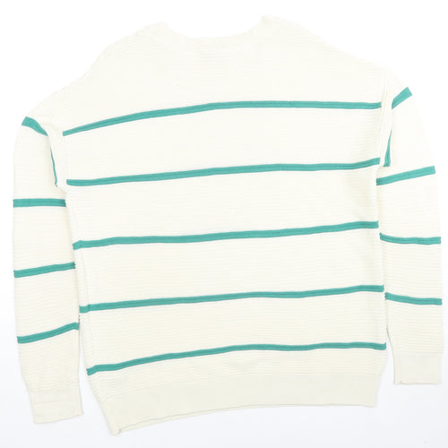 Amara Reya Womens White Round Neck Striped Cotton Pullover Jumper Size M