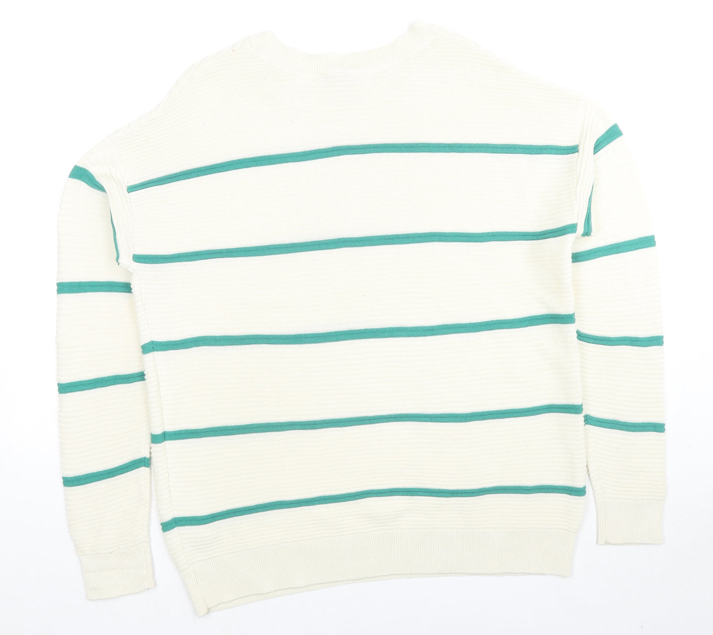 Amara Reya Womens White Round Neck Striped Cotton Pullover Jumper Size M