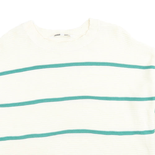 Amara Reya Womens White Round Neck Striped Cotton Pullover Jumper Size M