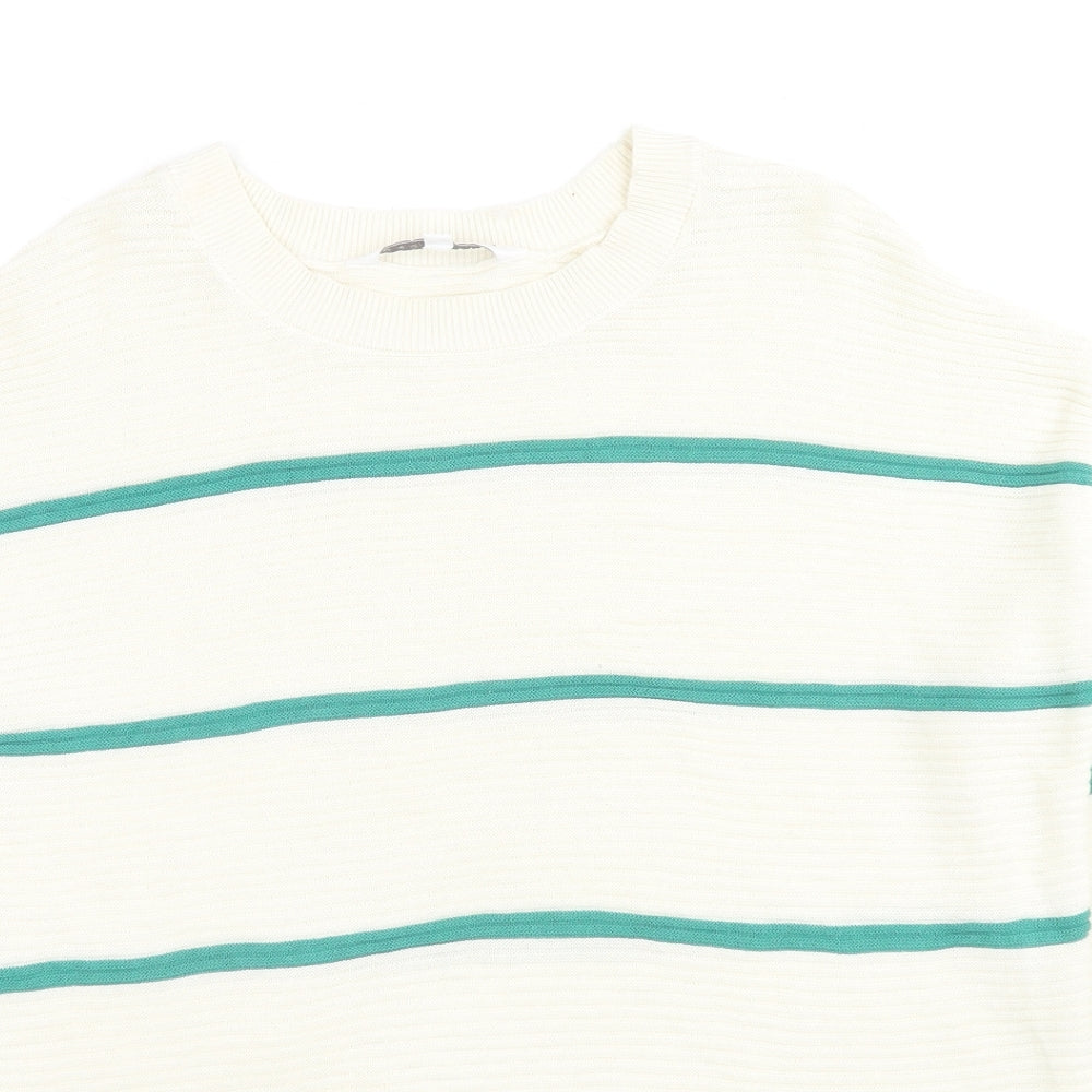 Amara Reya Womens White Round Neck Striped Cotton Pullover Jumper Size M