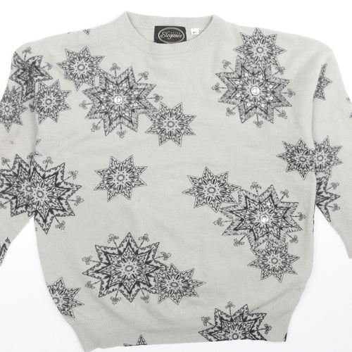 Elegance Womens Red Roll Neck Geometric Wool Pullover Jumper Size M - Sequin/Beaded Detail Snowflakes