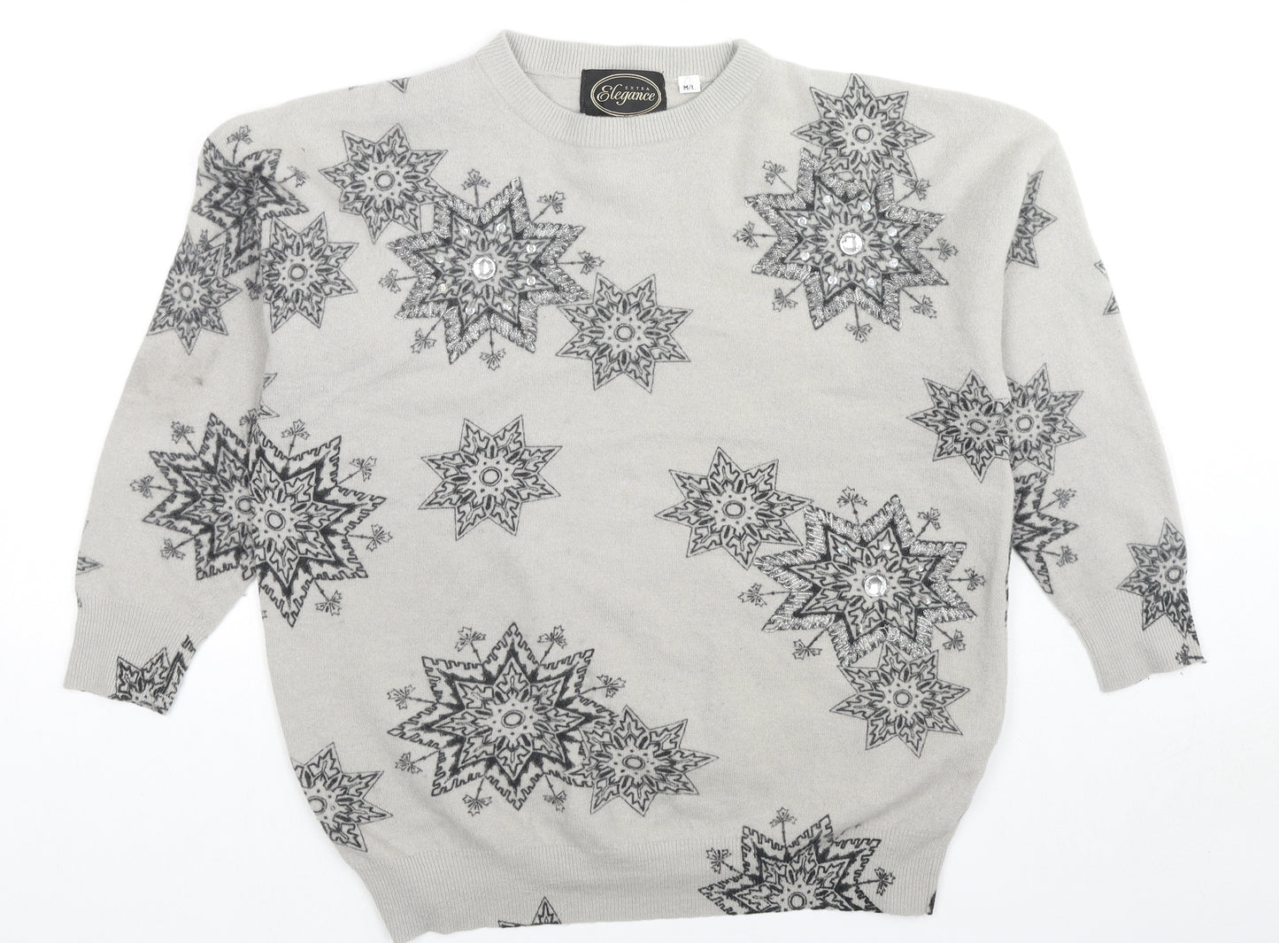 Elegance Womens Red Roll Neck Geometric Wool Pullover Jumper Size M - Sequin/Beaded Detail Snowflakes