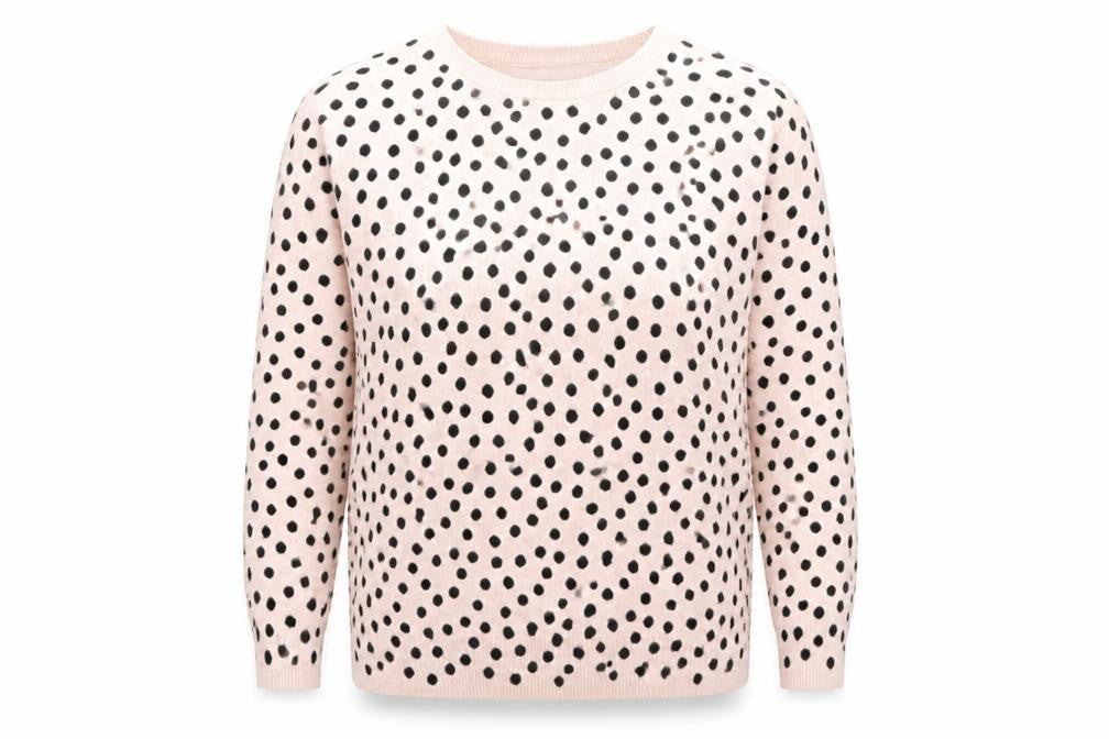 Front view of Marks & Spencer women’s beige round neck polka dot acrylic jumper, size UK 14