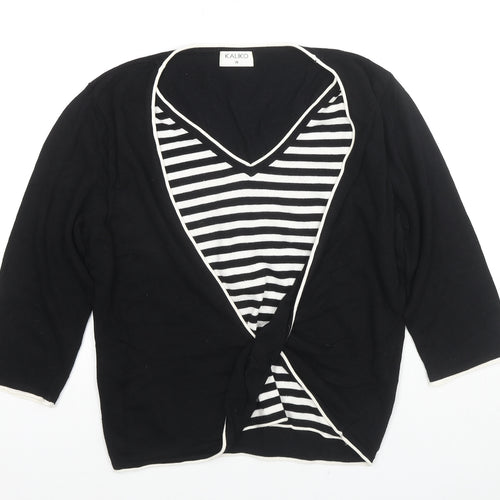 Kaliko Womens Black V-Neck Striped Viscose Pullover Jumper Size 16 - Knot Detail