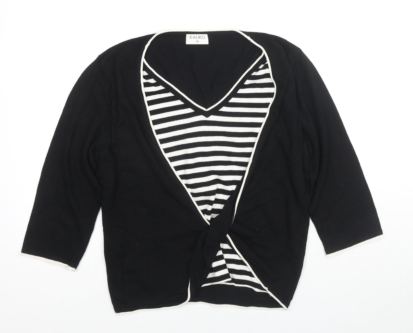 Kaliko Womens Black V-Neck Striped Viscose Pullover Jumper Size 16 - Knot Detail