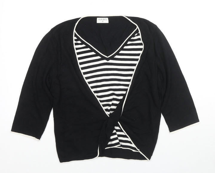 Kaliko Womens Black V-Neck Striped Viscose Pullover Jumper Size 16 - Knot Detail