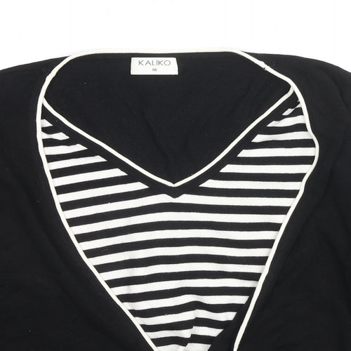 Kaliko Womens Black V-Neck Striped Viscose Pullover Jumper Size 16 - Knot Detail