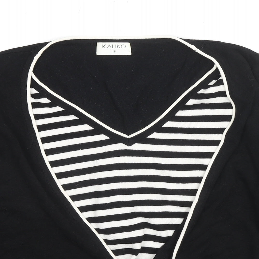 Kaliko Womens Black V-Neck Striped Viscose Pullover Jumper Size 16 - Knot Detail
