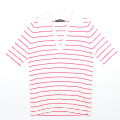 Marks and Spencer Womens White Striped Cotton Jersey Polo Size M Collared