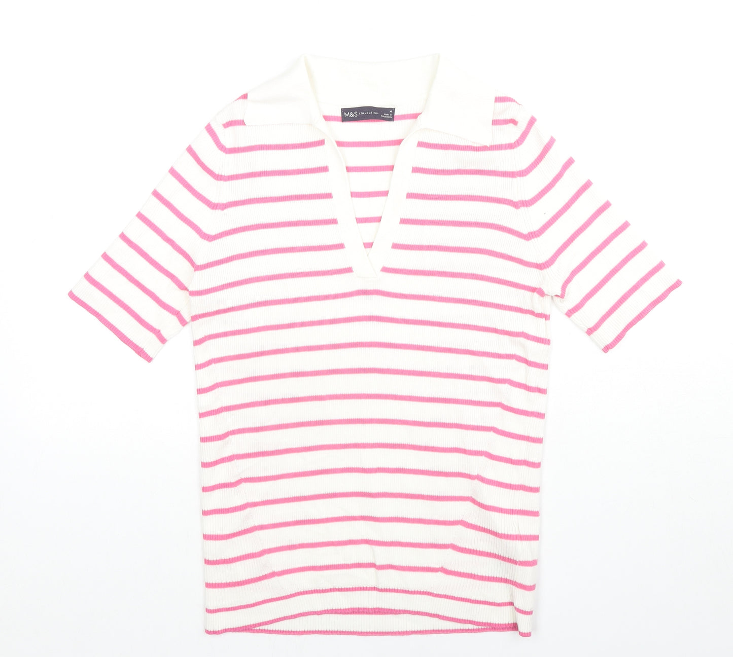 Marks and Spencer Womens White Striped Cotton Jersey Polo Size M Collared