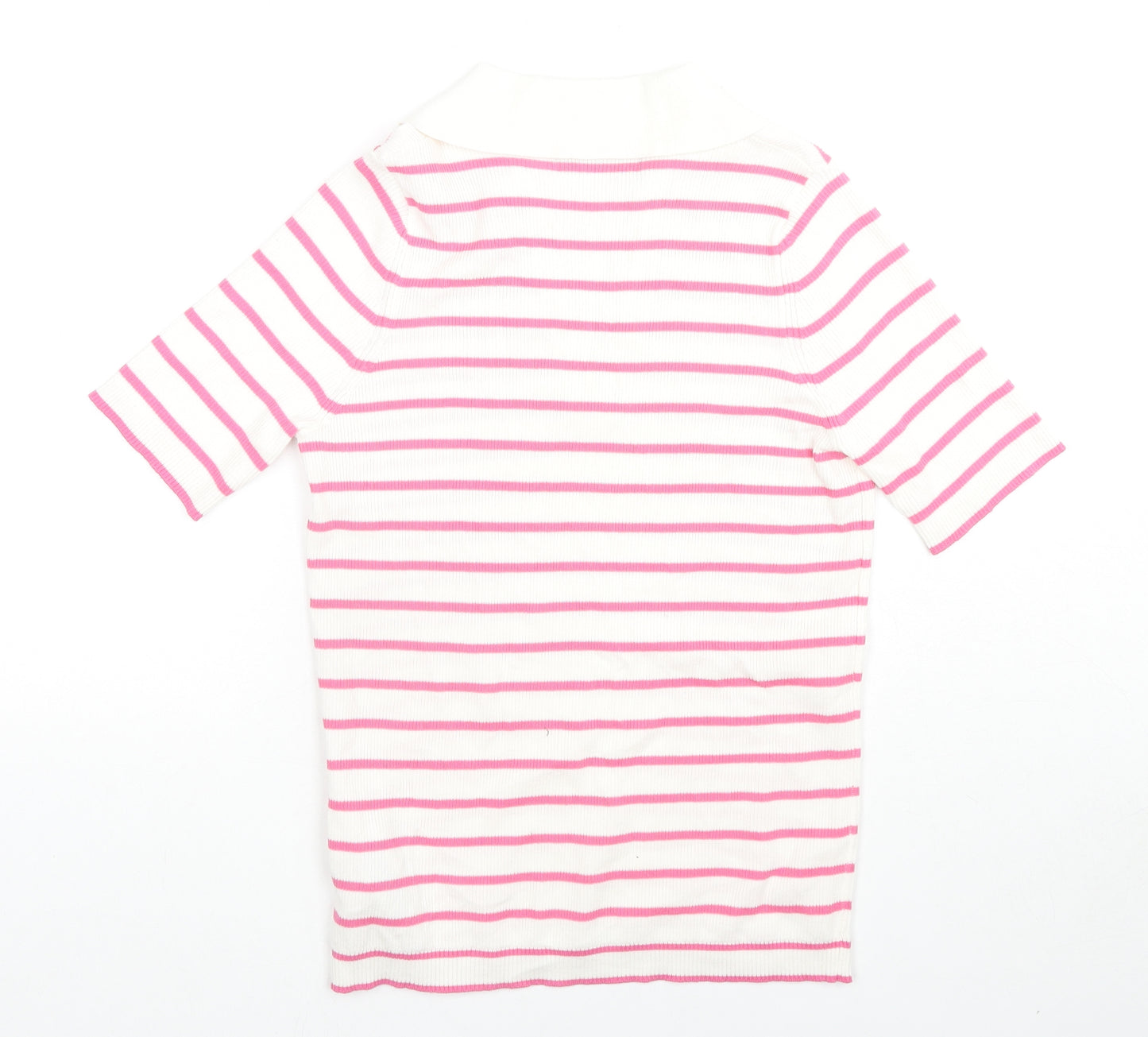 Marks and Spencer Womens White Striped Cotton Jersey Polo Size M Collared