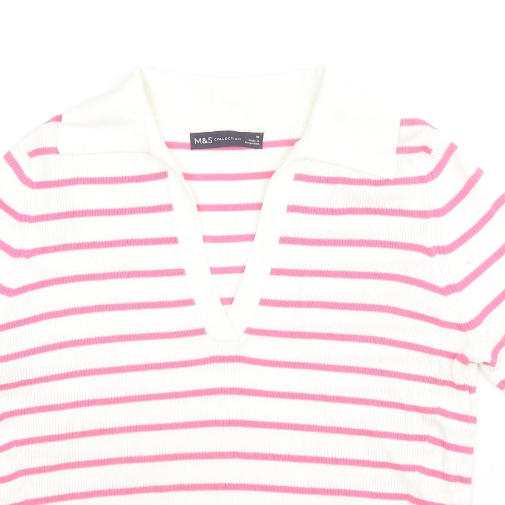Marks and Spencer Womens White Striped Cotton Jersey Polo Size M Collared