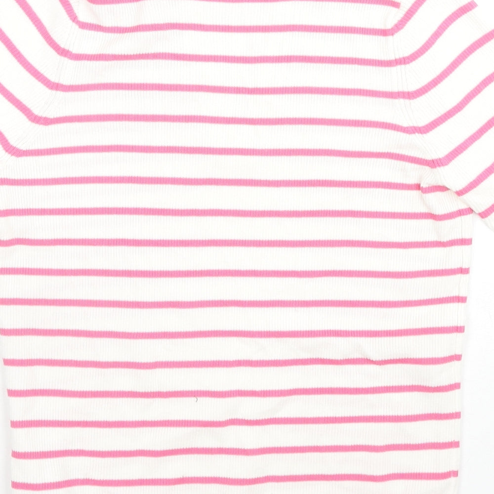 Marks and Spencer Womens White Striped Cotton Jersey Polo Size M Collared