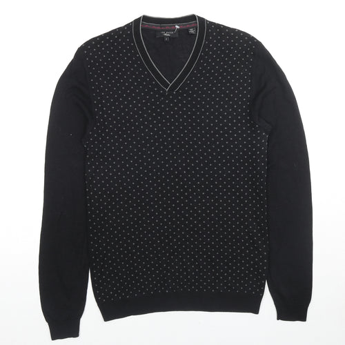 Ted Baker Mens Black V-Neck Polka Dot Lyocell Pullover Jumper Size S Long Sleeve - Label Size 2