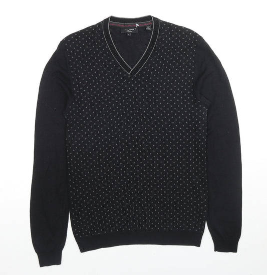 Ted Baker Mens Black V-Neck Polka Dot Lyocell Pullover Jumper Size S Long Sleeve - Label Size 2