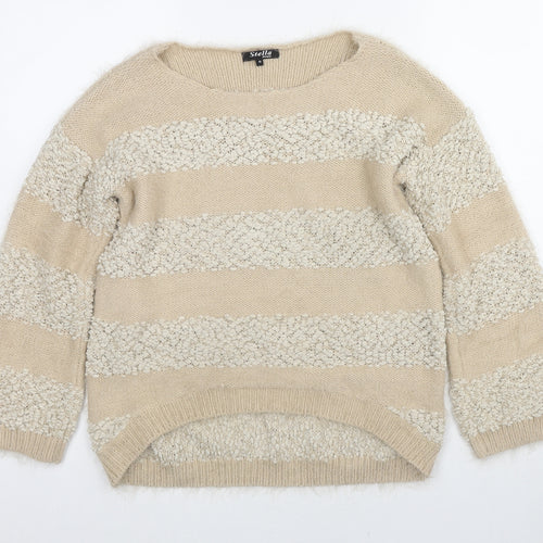 Stella Morgan Womens Beige Round Neck Striped Acrylic Pullover Jumper Size 10