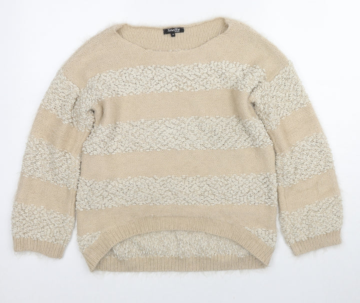 Stella Morgan Womens Beige Round Neck Striped Acrylic Pullover Jumper Size 10