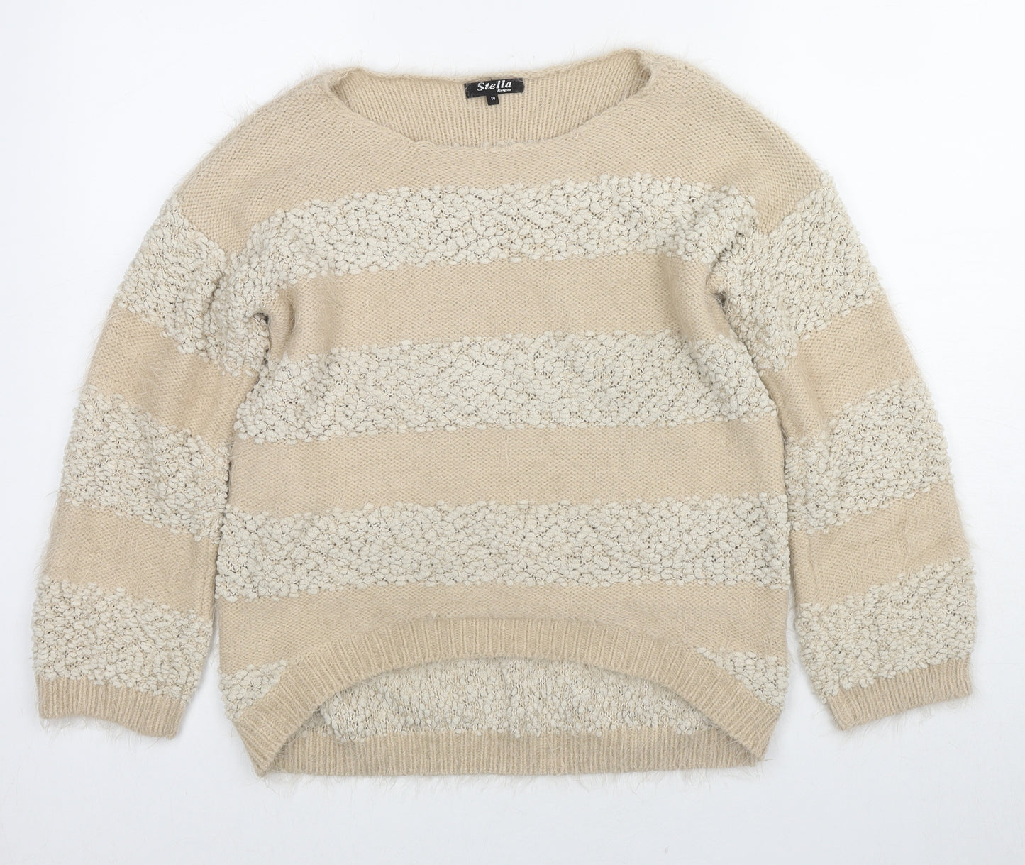 Stella Morgan Womens Beige Round Neck Striped Acrylic Pullover Jumper Size 10