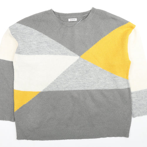 Damart Womens Grey Round Neck Geometric Acrylic Pullover Jumper Size 14 - Colourblock Pattern, Size 14-16