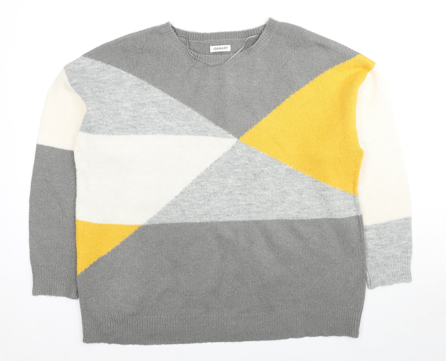 Damart Womens Grey Round Neck Geometric Acrylic Pullover Jumper Size 14 - Colourblock Pattern, Size 14-16