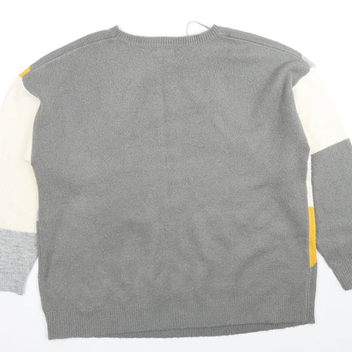 Damart Womens Grey Round Neck Geometric Acrylic Pullover Jumper Size 14 - Colourblock Pattern, Size 14-16