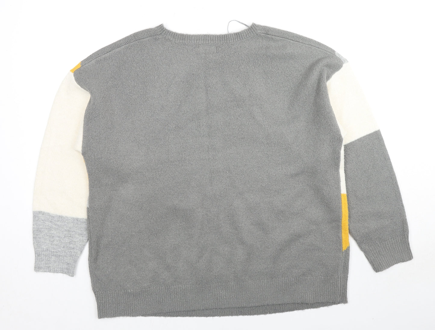 Damart Womens Grey Round Neck Geometric Acrylic Pullover Jumper Size 14 - Colourblock Pattern, Size 14-16